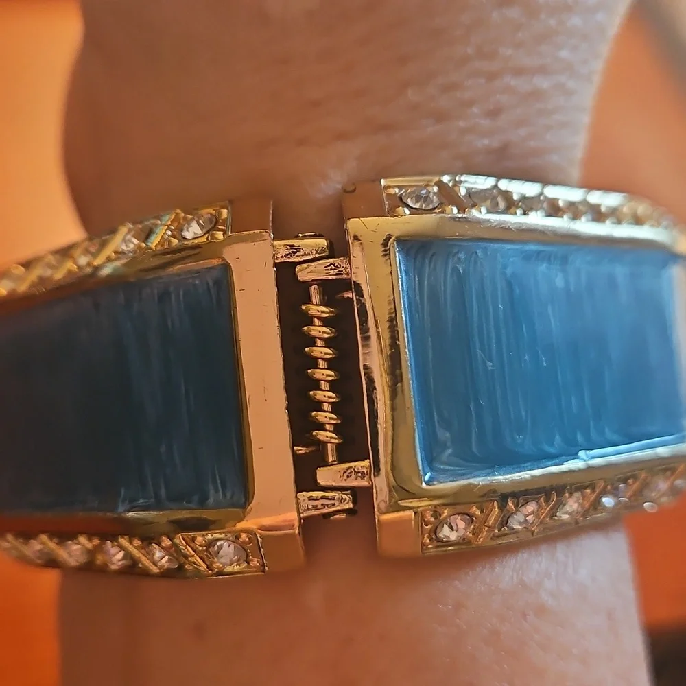 Gold Tone Square Hinged Bangle Bracelet Blue Enamel Band With Rhinestones